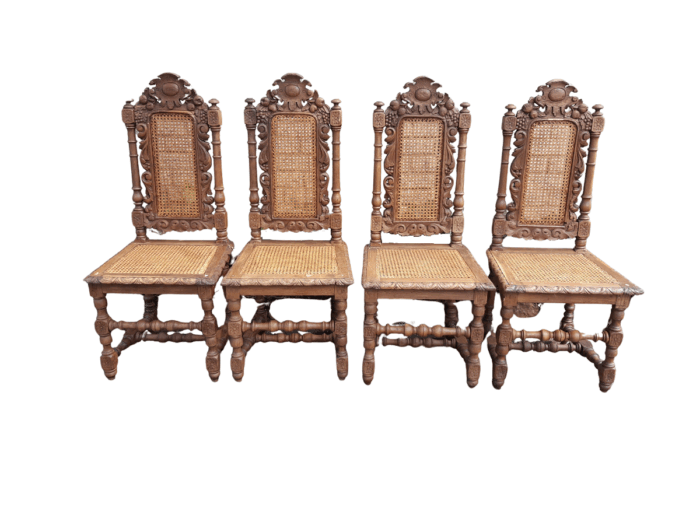 Set Of 4 Ornate Carved Bleached / Natural Wood Chairs