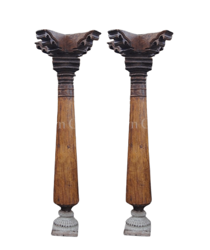 Pair Hardwood & Stone Columns 19th Century