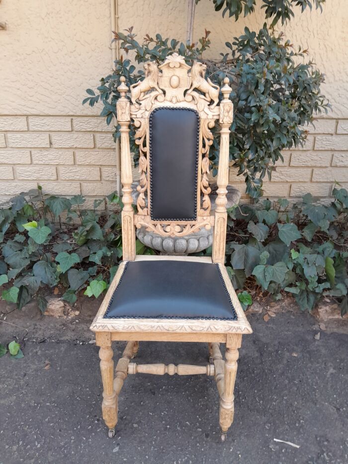 A 19th Century French Set of Six Ornately Carved Oak Chairs in a Contemporary Bleached Finish and Upholstered in Leather - Image 8