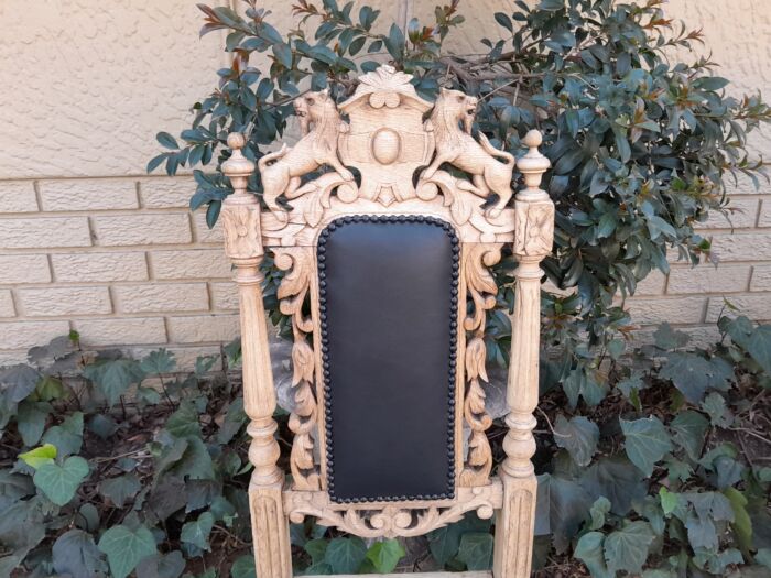 A 19th Century French Set of Six Ornately Carved Oak Chairs in a Contemporary Bleached Finish and Upholstered in Leather - Image 11