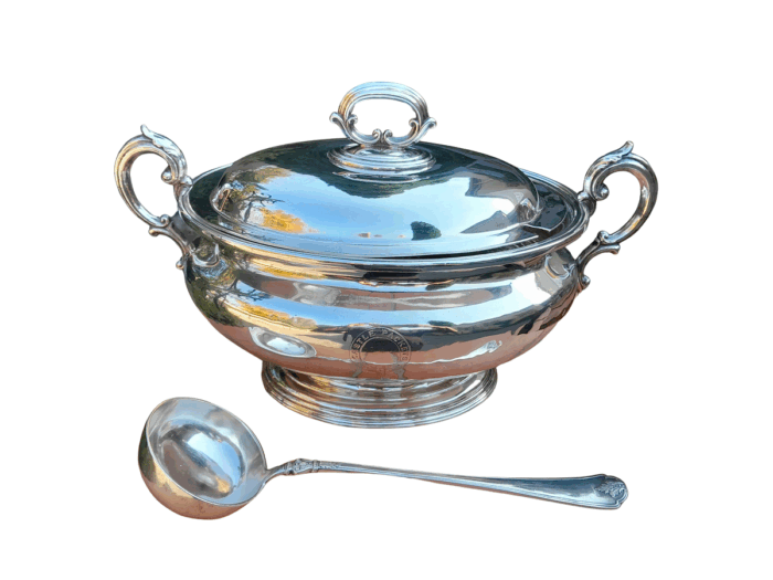 A 20th Century English  Electroplate Soup Tureen with Handles and Cover and Matching Ladle  Elkington and Co