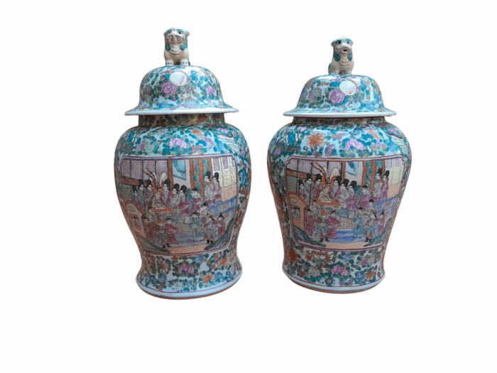 A 20th Century Pair of Chinese Famille Rose Vases / Urns with Covers