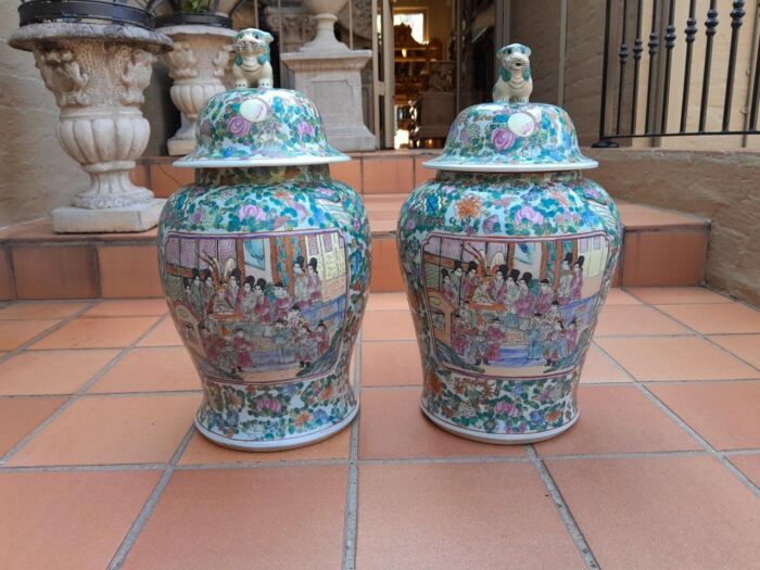 A 20th Century Pair of Chinese Famille Rose Vases / Urns with Covers - Image 2