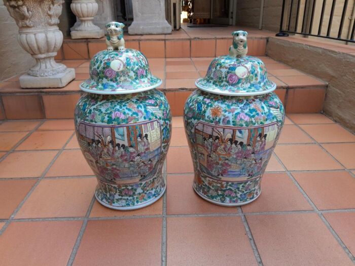 A 20th Century Pair of Chinese Famille Rose Vases / Urns with Covers - Image 3