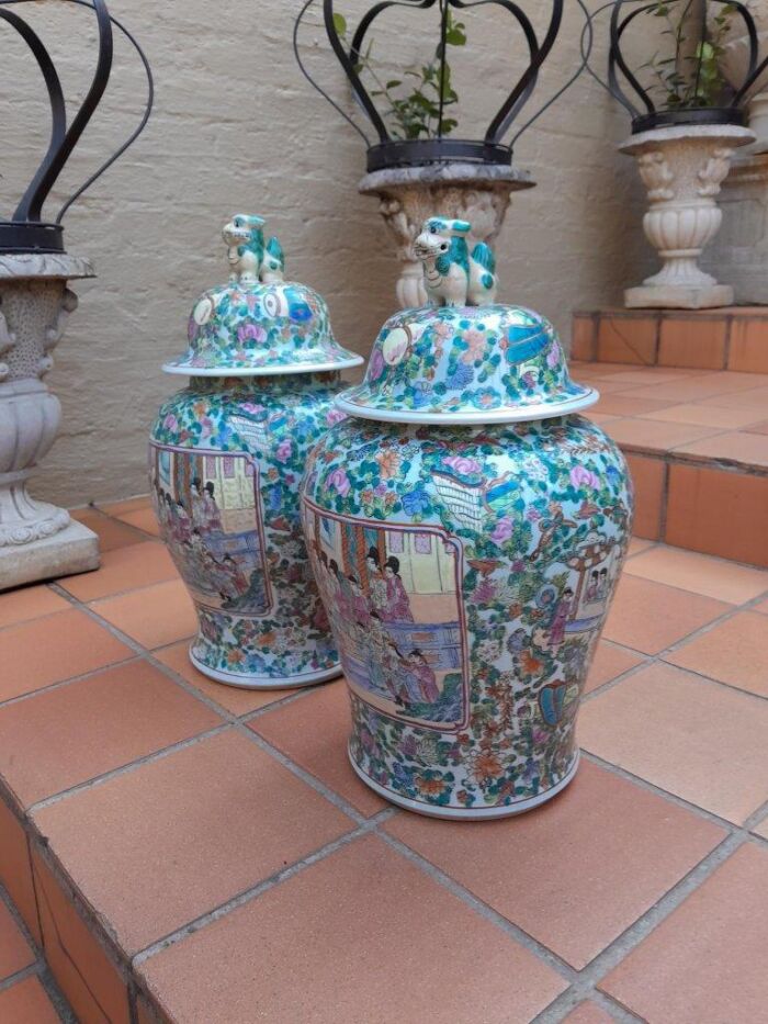 A 20th Century Pair of Chinese Famille Rose Vases / Urns with Covers - Image 5