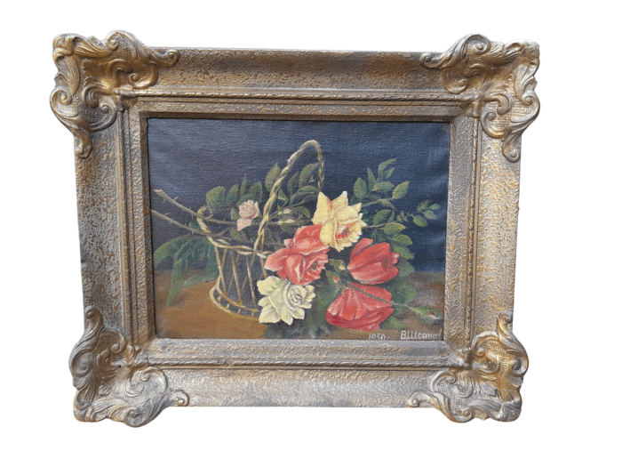 A Mid 20th Century Floral Oil Painting In Ornately Gilded Frame. Purchased In France