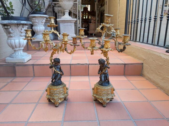 A 19TH Century Large Size Pair of French Louis VI Gilt Bronze Putti Candelabras - Image 2