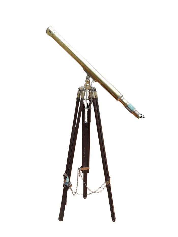 A 20th Century Solid Brass Stanley London Telescope on Tripod Teak Wood Stand with Brass Mounts and Fittings