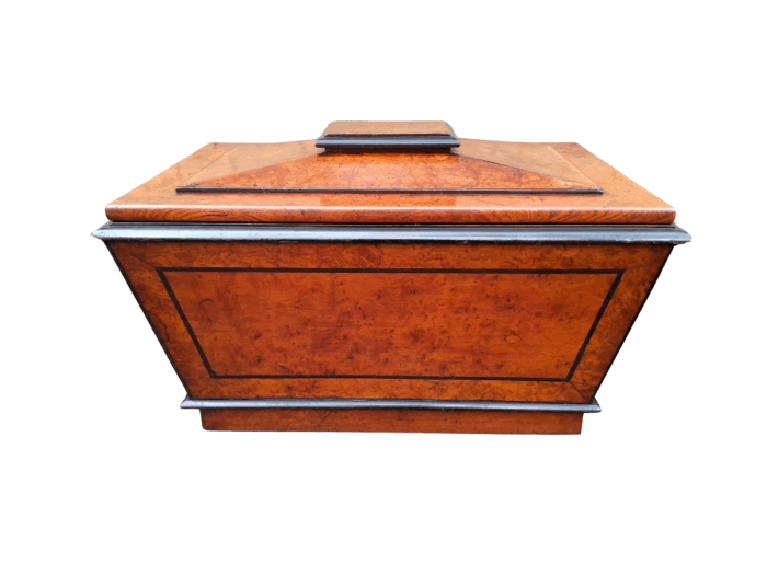 An Antique Victorian  Birds Eye Maple and Ebonised Cellarette with Metal Inner for Ice and Original Hardwood Castors