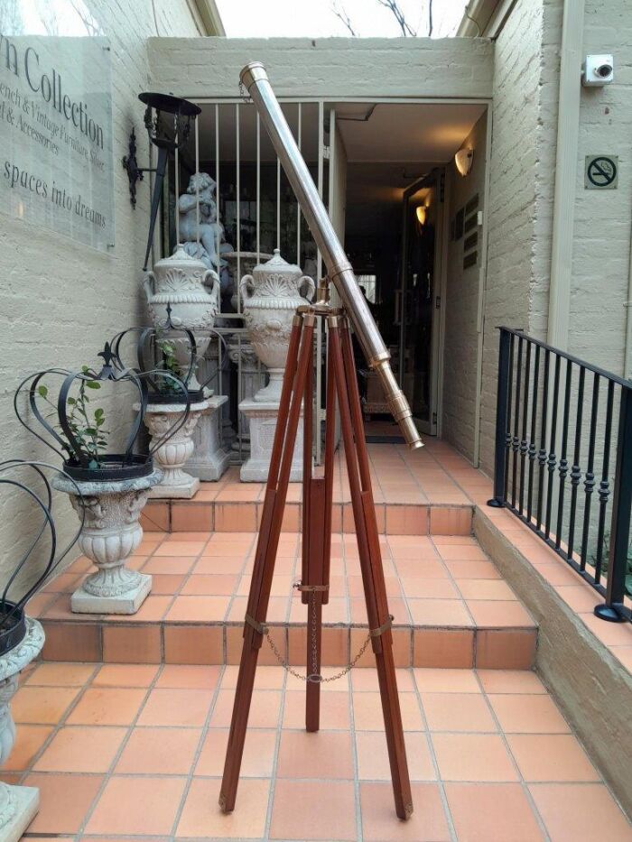 A 20TH Century Solid Brass Telescope on Adjustable Teak Wood Tripod Stand With Brass Fittings and Mounts - Image 2