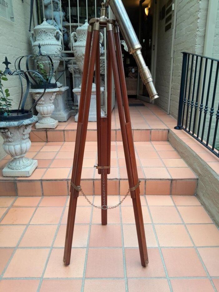 A 20TH Century Solid Brass Telescope on Adjustable Teak Wood Tripod Stand With Brass Fittings and Mounts - Image 3