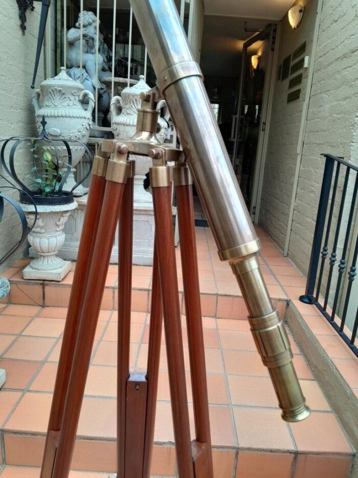A 20TH Century Solid Brass Telescope on Adjustable Teak Wood Tripod Stand With Brass Fittings and Mounts - Image 5