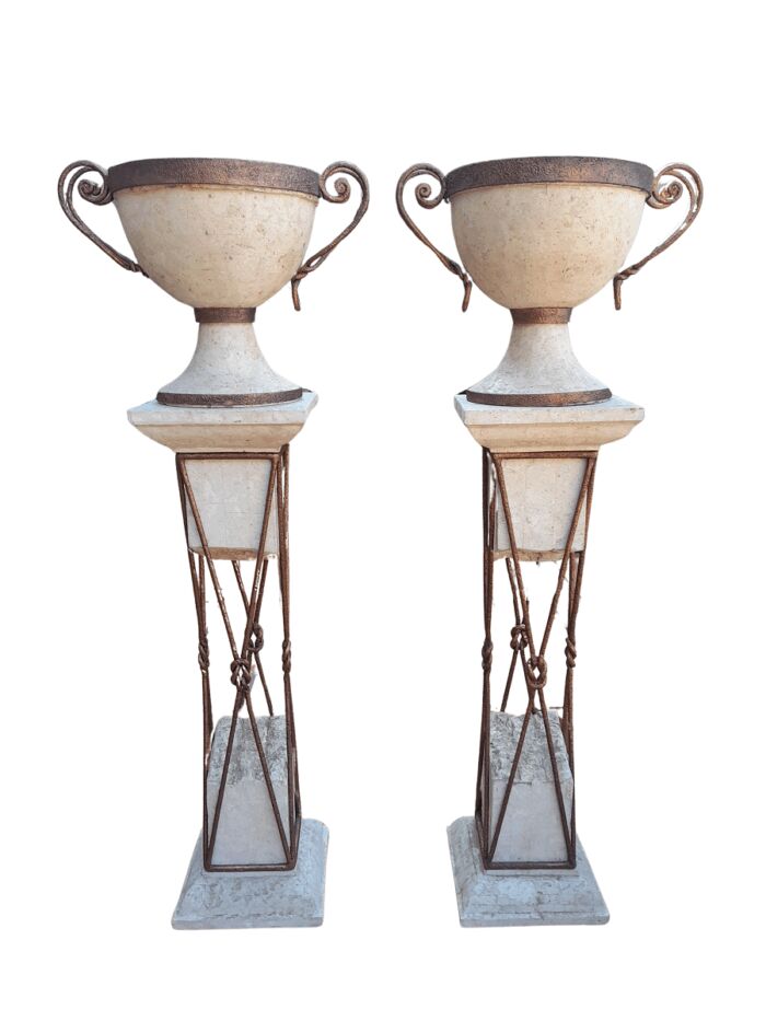A 20th Century Decorative Pair Of Metal And Stone Urns On Stands
