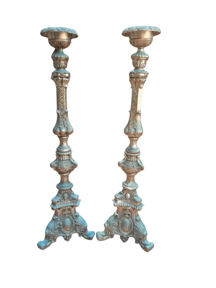 A 20th Century Pair Of French Style Brass Floor Candle Holders Of Large Proportion