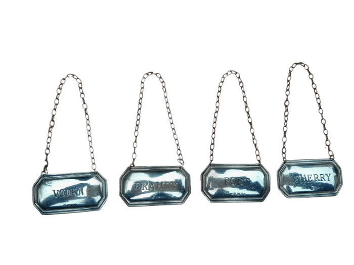 An English/London Set of Four Hallmarked Silver Decanter Labels (PORT, VODKA, SHERRY, BRANDY) (38grams)