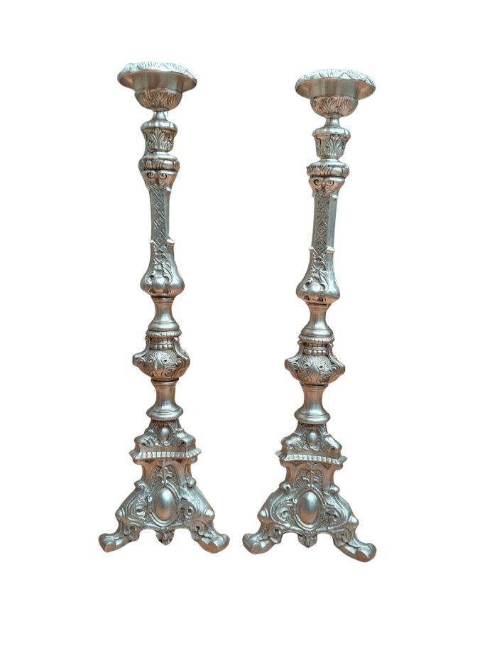 A Pair Of Tall Heavy Metal Silvered Candlesticks / Holders Nd
