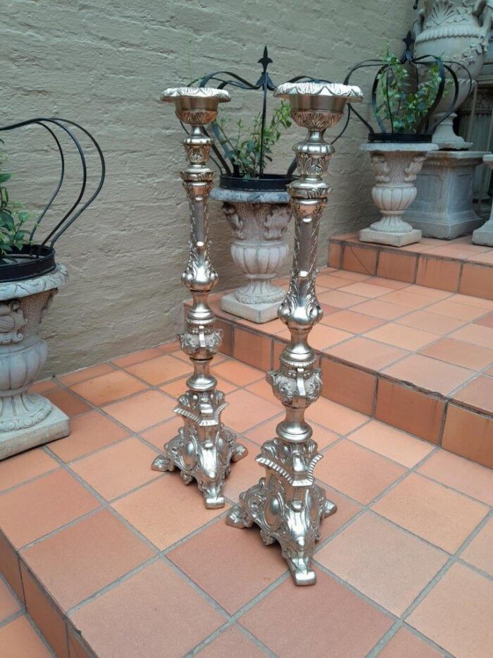 A Pair Of Tall Heavy Metal Silvered Candlesticks / Holders Nd - Image 4