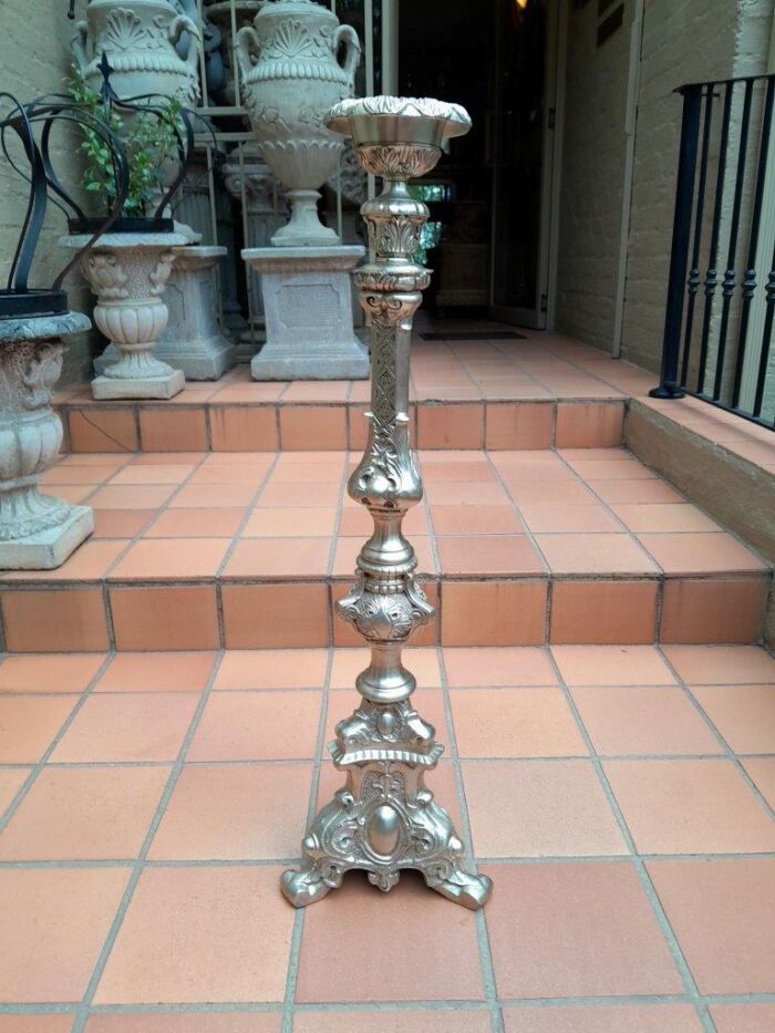 A Pair Of Tall Heavy Metal Silvered Candlesticks / Holders Nd - Image 5