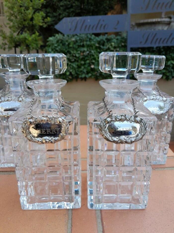A Set of Four Decanters With Silver-plate Labels (Brandy, Scotch, Sherry, Gin) - Image 6