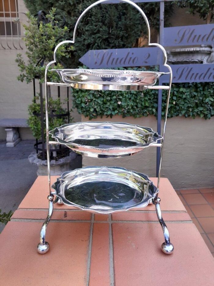 An Antique English Edwardian Tall Silver-Plate Cake / Food Stand with Three Removable Plates / Bowls - Image 2
