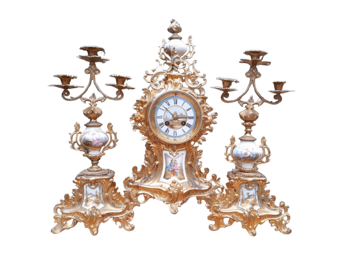 An Antique Century French Rococo Style Clock Garniture Set with Pair of Candelabras  with  Pendulum and Key