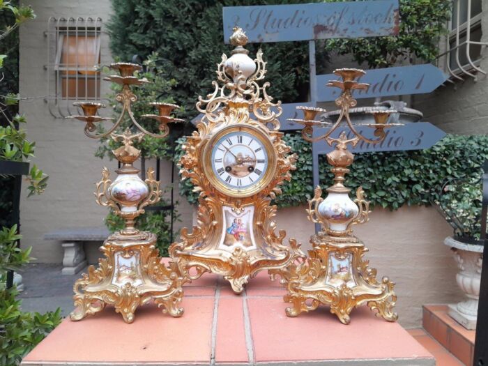 An Antique Century French Rococo Style Clock Garniture Set with Pair of Candelabras  with  Pendulum and Key - Image 2