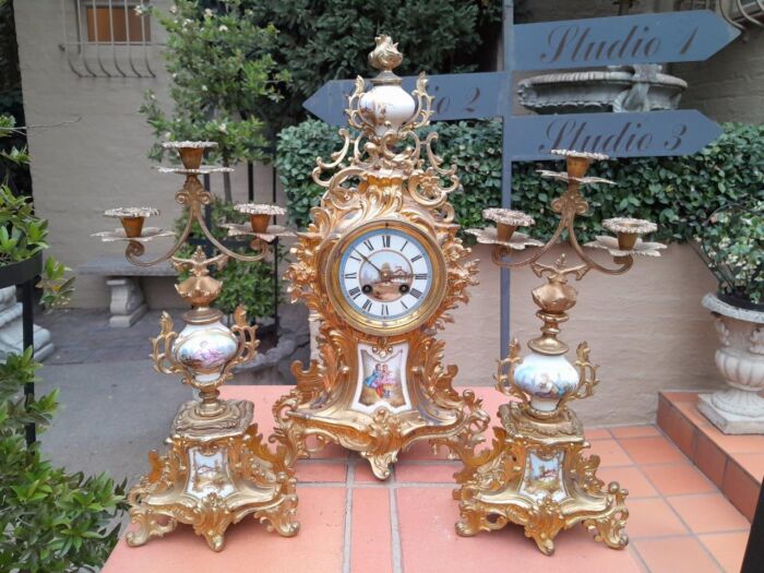 An Antique Century French Rococo Style Clock Garniture Set with Pair of Candelabras  with  Pendulum and Key - Image 3