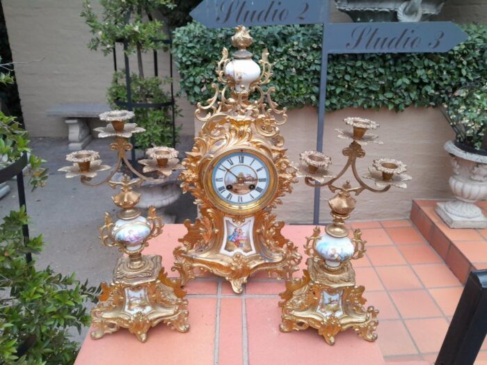 An Antique Century French Rococo Style Clock Garniture Set with Pair of Candelabras  with  Pendulum and Key - Image 4