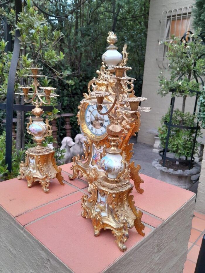 An Antique Century French Rococo Style Clock Garniture Set with Pair of Candelabras  with  Pendulum and Key - Image 5