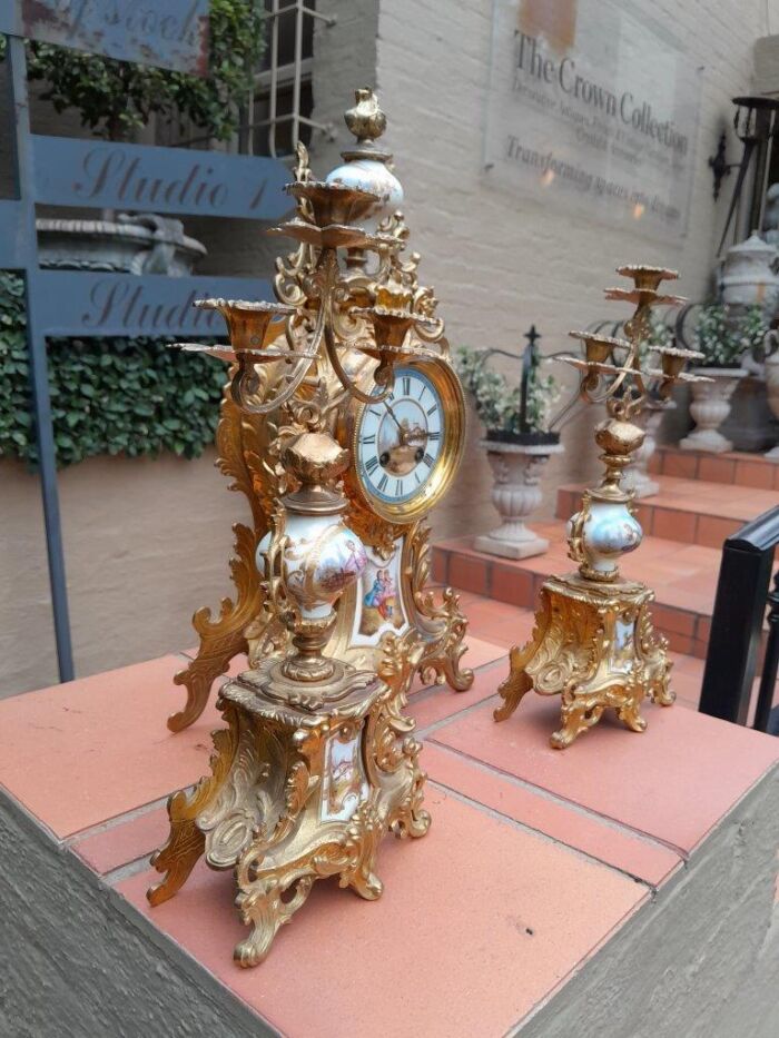 An Antique Century French Rococo Style Clock Garniture Set with Pair of Candelabras  with  Pendulum and Key - Image 6
