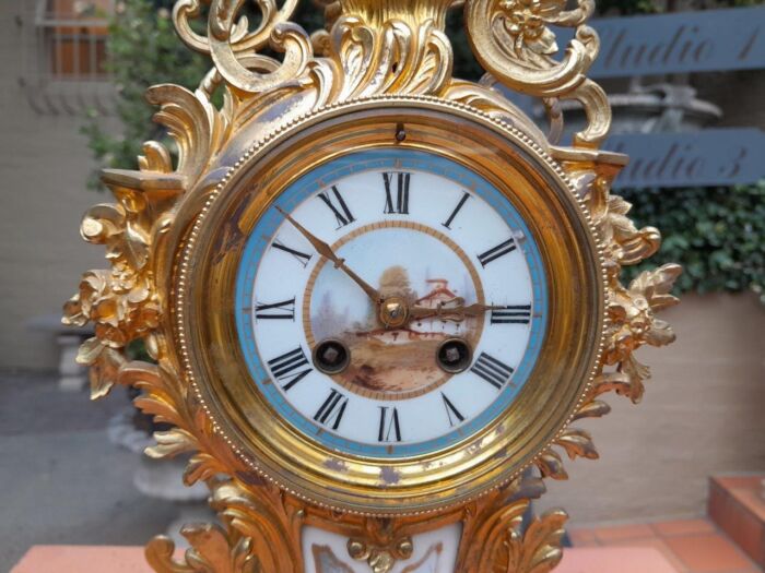 An Antique Century French Rococo Style Clock Garniture Set with Pair of Candelabras  with  Pendulum and Key - Image 10