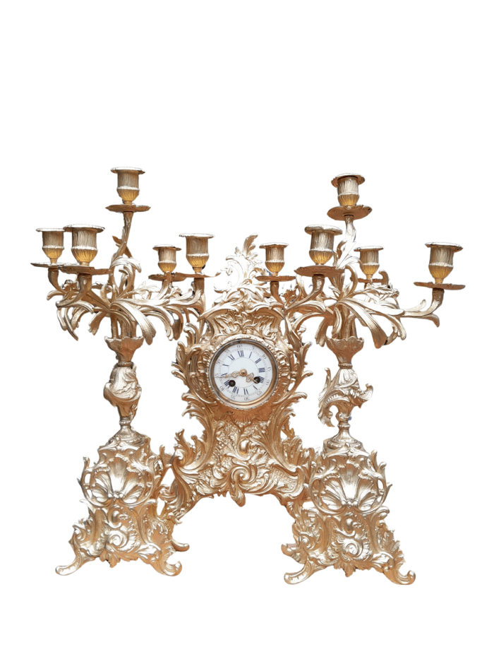 An Antique 19th Century French Rococo Style Gilt Metal Clock and Candelabra Garniture Set
