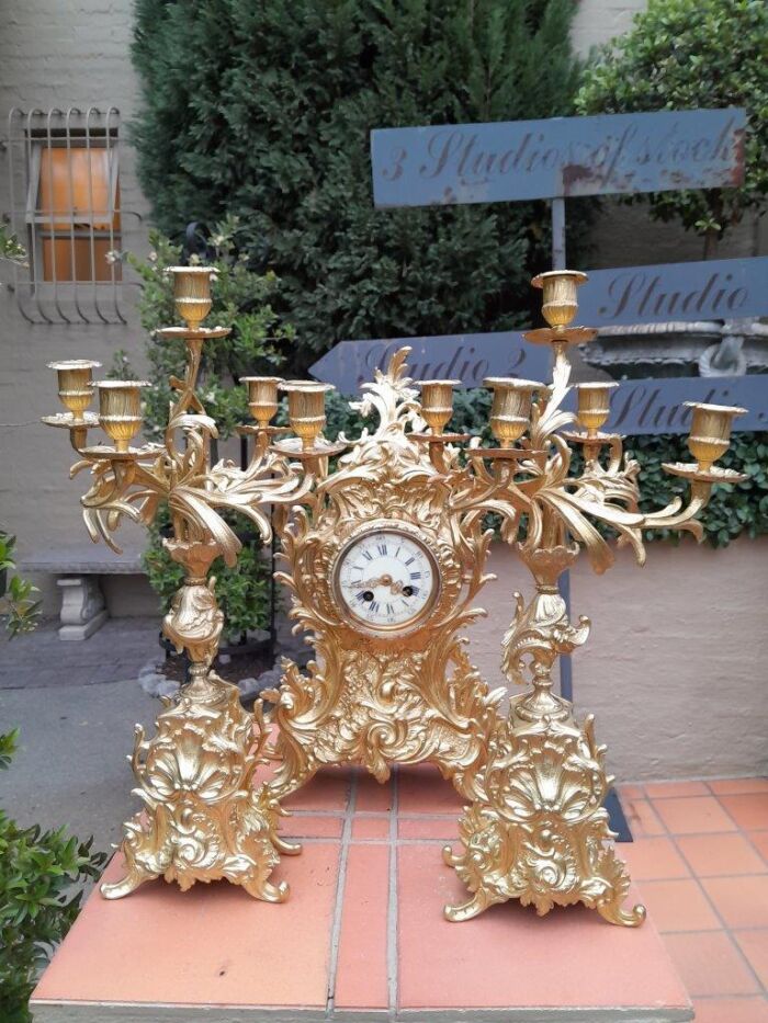 An Antique 19th Century French Rococo Style Gilt Metal Clock and Candelabra Garniture Set - Image 2