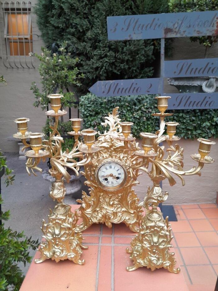 An Antique 19th Century French Rococo Style Gilt Metal Clock and Candelabra Garniture Set - Image 3