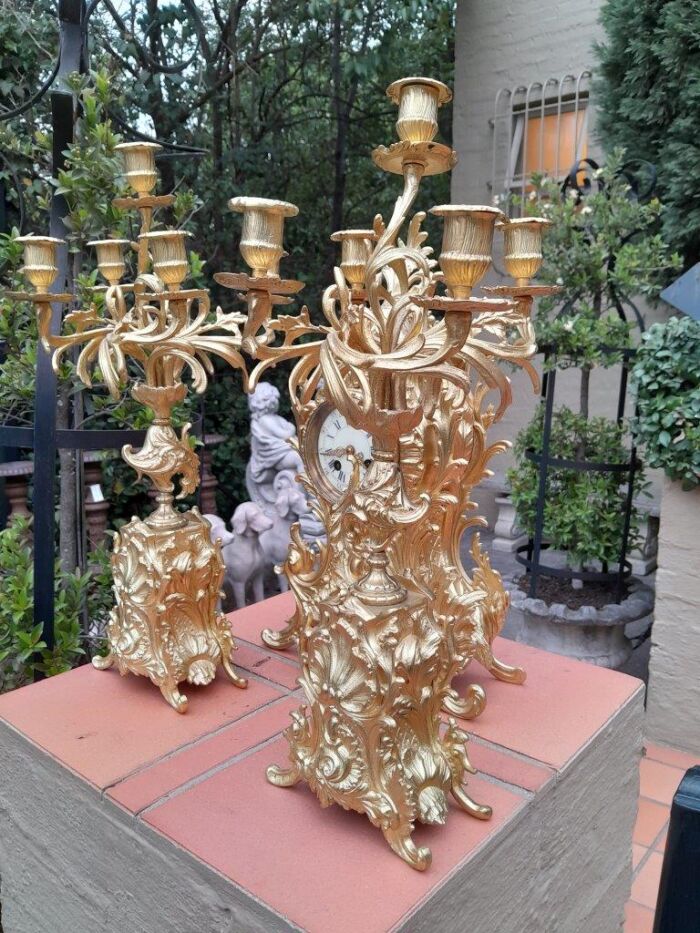 An Antique 19th Century French Rococo Style Gilt Metal Clock and Candelabra Garniture Set - Image 4