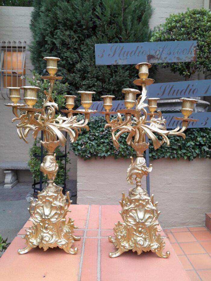An Antique 19th Century French Rococo Style Gilt Metal Clock and Candelabra Garniture Set - Image 5