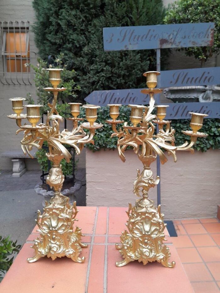 An Antique 19th Century French Rococo Style Gilt Metal Clock and Candelabra Garniture Set - Image 6