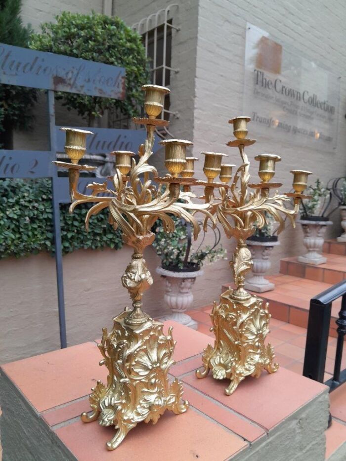 An Antique 19th Century French Rococo Style Gilt Metal Clock and Candelabra Garniture Set - Image 7