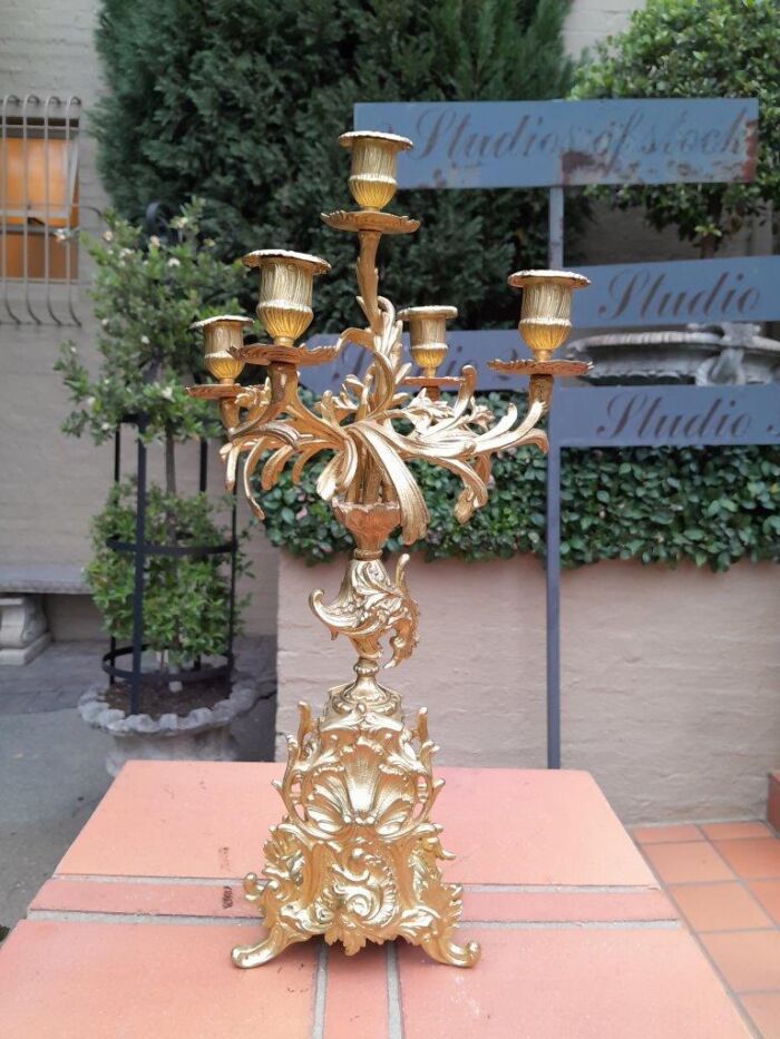 An Antique 19th Century French Rococo Style Gilt Metal Clock and Candelabra Garniture Set - Image 8