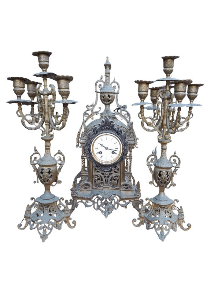 A 20th Century French Louis Xvi Style Clock And Garniture Set With Matching Candelabras