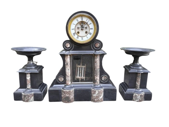 An Antique 1900s Victorian Black Marble Clock With Mercury Compensation Pendulum Garniture Set With Pair Candle Holders