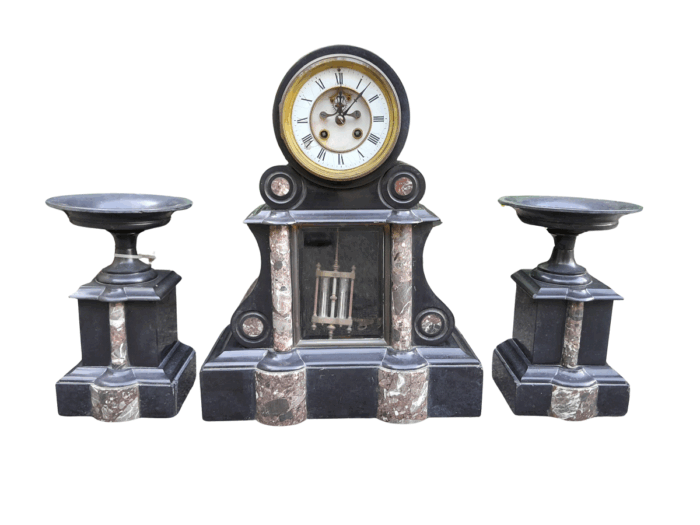An Antique 1900s Victorian Black Marble Clock With Mercury Compensation Pendulum Garniture Set With Pair Candle Holders