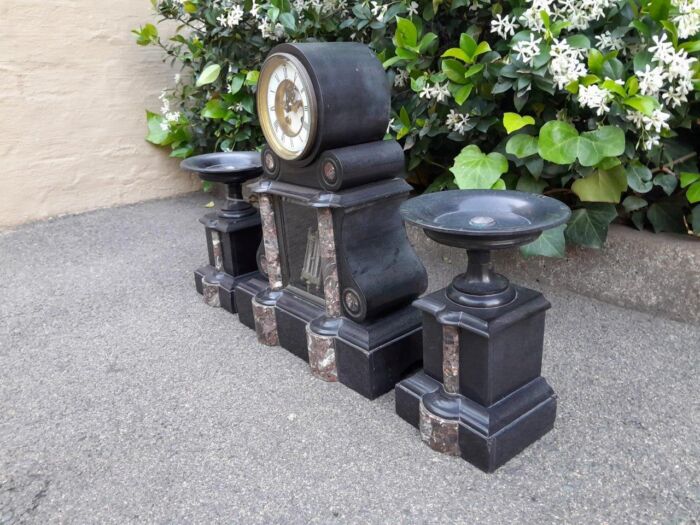 An Antique 1900s Victorian Black Marble Clock With Mercury Compensation Pendulum Garniture Set With Pair Candle Holders - Image 3