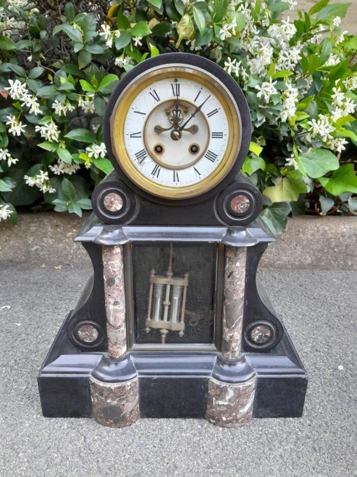 An Antique 1900s Victorian Black Marble Clock With Mercury Compensation Pendulum Garniture Set With Pair Candle Holders - Image 4