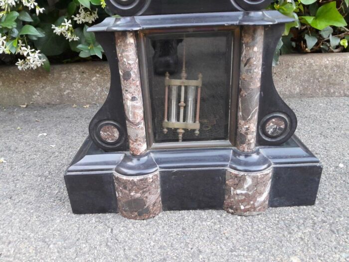 An Antique 1900s Victorian Black Marble Clock With Mercury Compensation Pendulum Garniture Set With Pair Candle Holders - Image 5