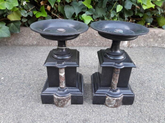 An Antique 1900s Victorian Black Marble Clock With Mercury Compensation Pendulum Garniture Set With Pair Candle Holders - Image 7