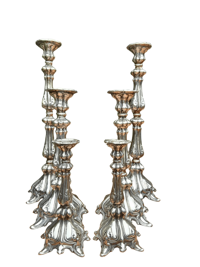 A  20th Century Ornate Set of Six Candlesticks / Holders / Sticks as in Three Graduated Pairs of Candlesticks / Holders