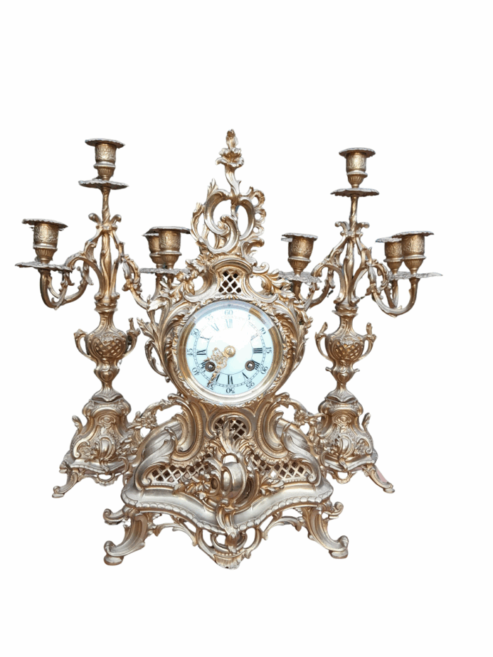 An Antique 19th Century French Rococo Gilt Ormolu Clock Garniture Set with a  Pair of Matching Candelabras