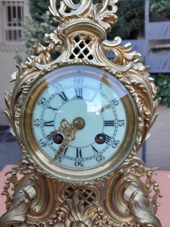 An Antique 19th Century French Rococo Gilt Ormolu Clock Garniture Set with a  Pair of Matching Candelabras - Image 6