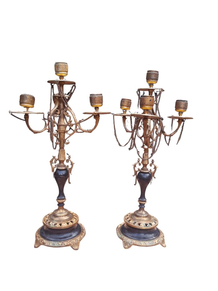 A Pair of Brass and Composite Candelabra